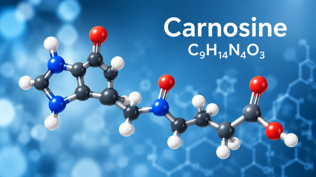 AI-generated illustration of a carnosine molecule on a blue scientific background, labelled Carnosine with its molecular formula C₉H₁₄N₄O₃.