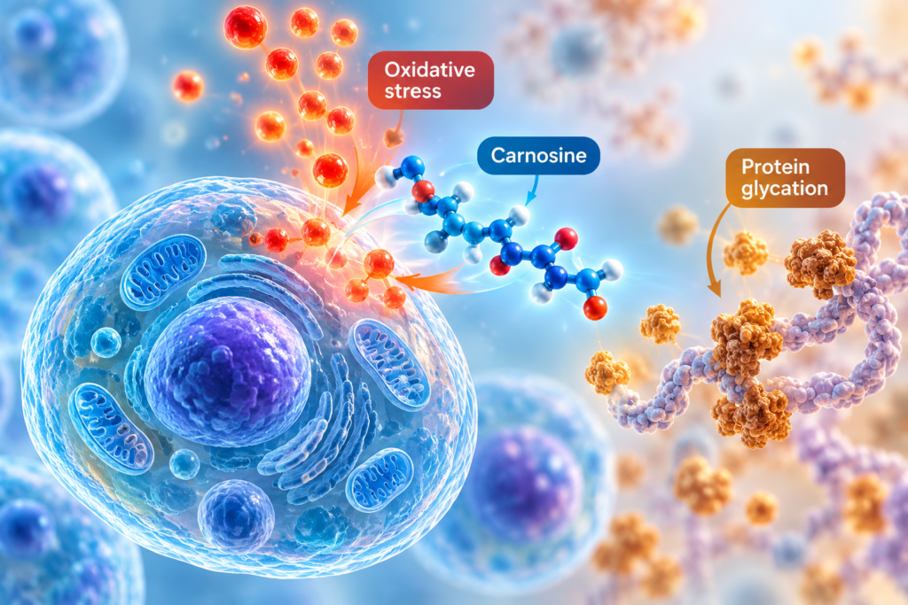 AI-generated scientific illustration showing a human cell, oxidative stress, a carnosine molecule and protein glycation, representing areas of ongoing cellular ageing research.