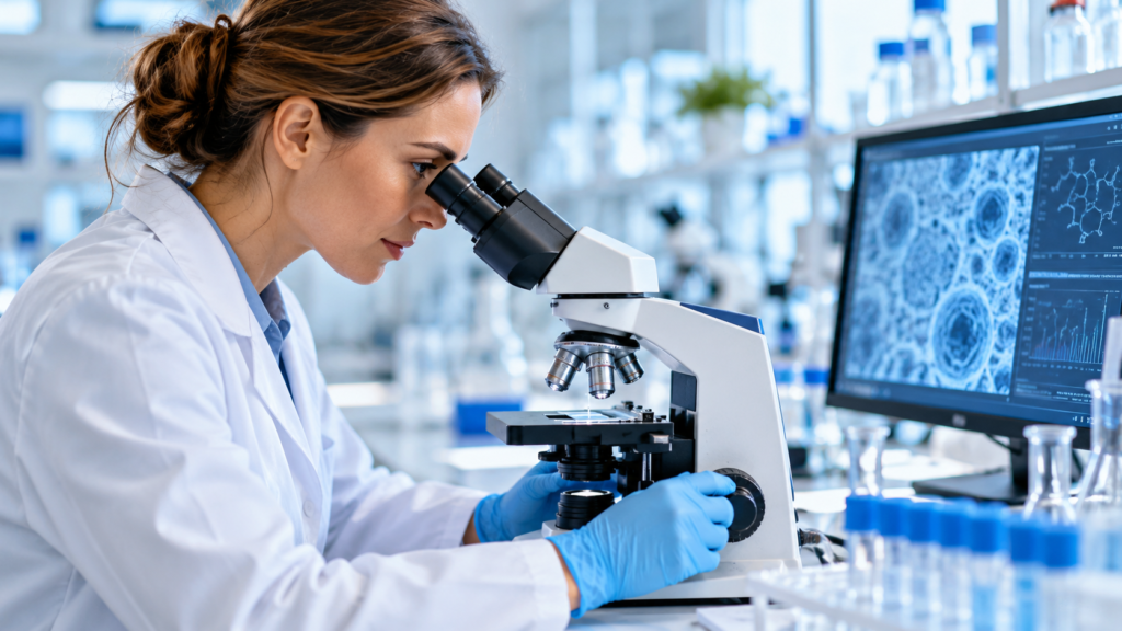 AI-generated image of a scientist examining samples through a microscope in a modern biomedical research laboratory.