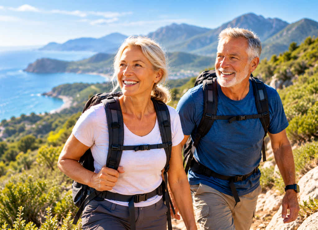 AI-generated photograph of a smiling older couple hiking together along a scenic coastal trail, enjoying an active and healthy lifestyle.