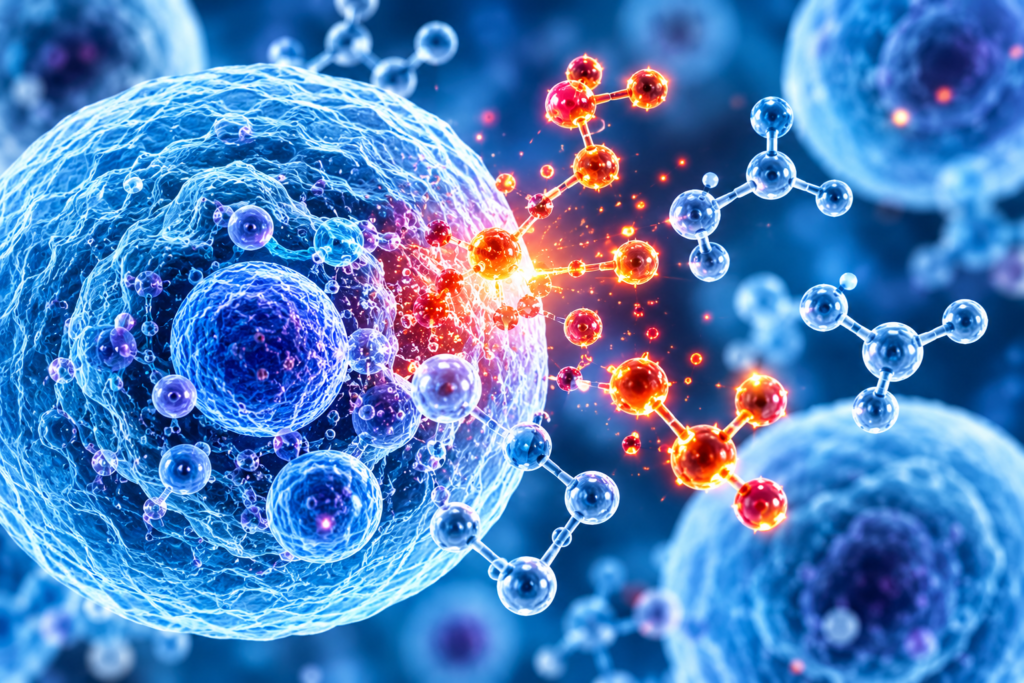 AI-generated illustration of a human cell surrounded by reactive molecules, representing research into oxidative stress and cellular health.