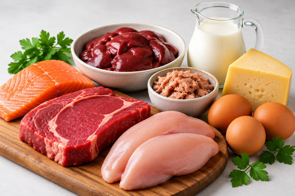Selection of foods including beef, chicken, salmon, liver, tuna, eggs, cheese and milk, illustrating dietary sources associated with carnosine.