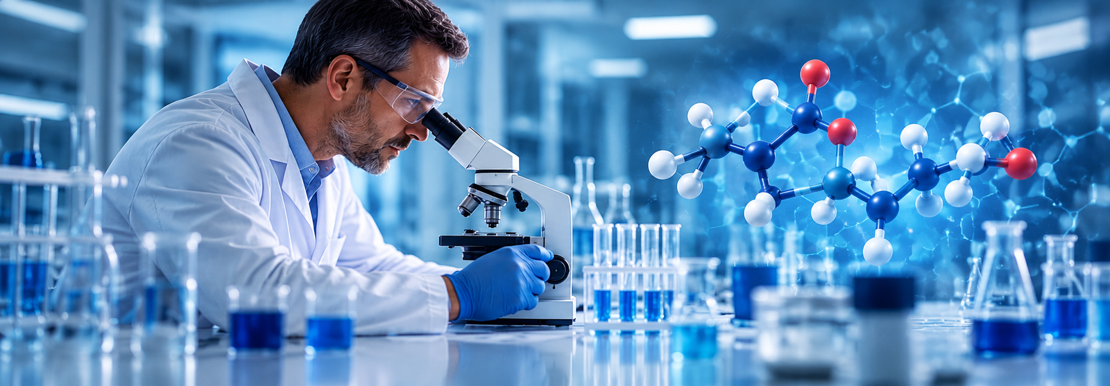AI-generated illustration of a scientist using a microscope in a blue laboratory with colourful molecular graphics.