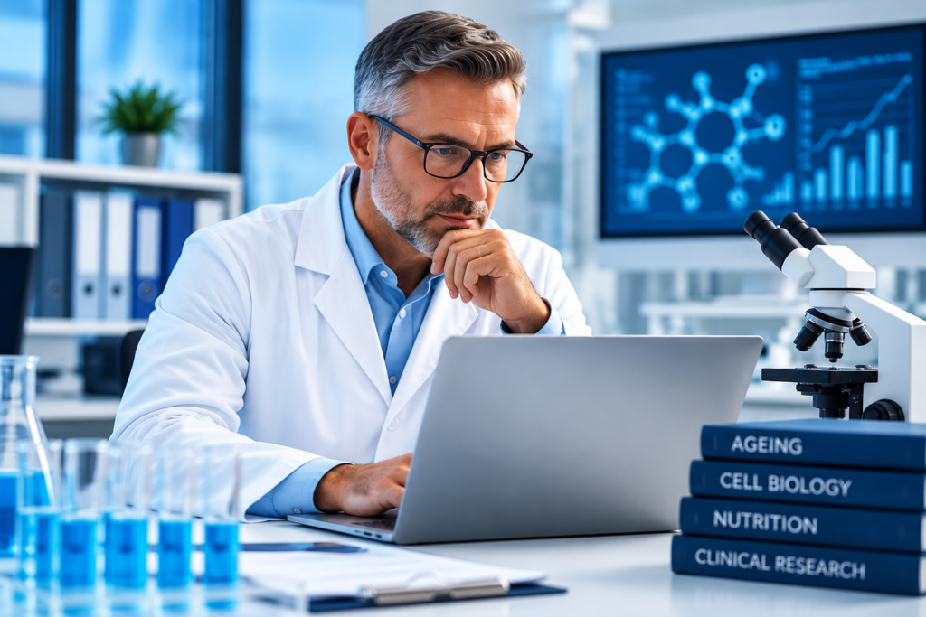 AI-generated image of a medical researcher in a white coat studying scientific information on a laptop in a laboratory.